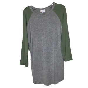 LULAROE Randy Baseball Tee Heathered Gray Army Green Mid-Length Sleeves Size S